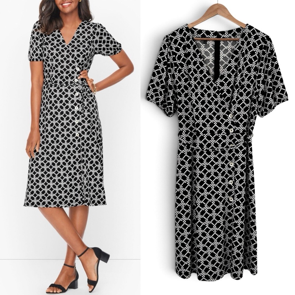 Talbots Petite Women XLP Black White Multicolor Short Sleeve Faux Wrap Dress NEW